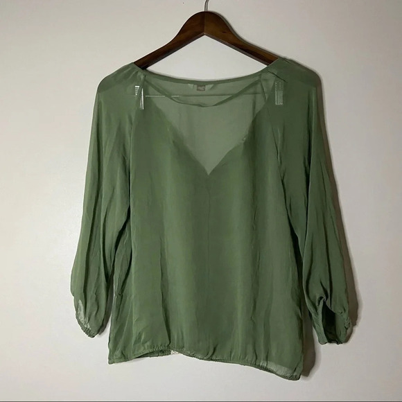 Sheer Lace Top Embroidered Blouse Gathered Long Sleeve Size Large - Picture 8 of 9